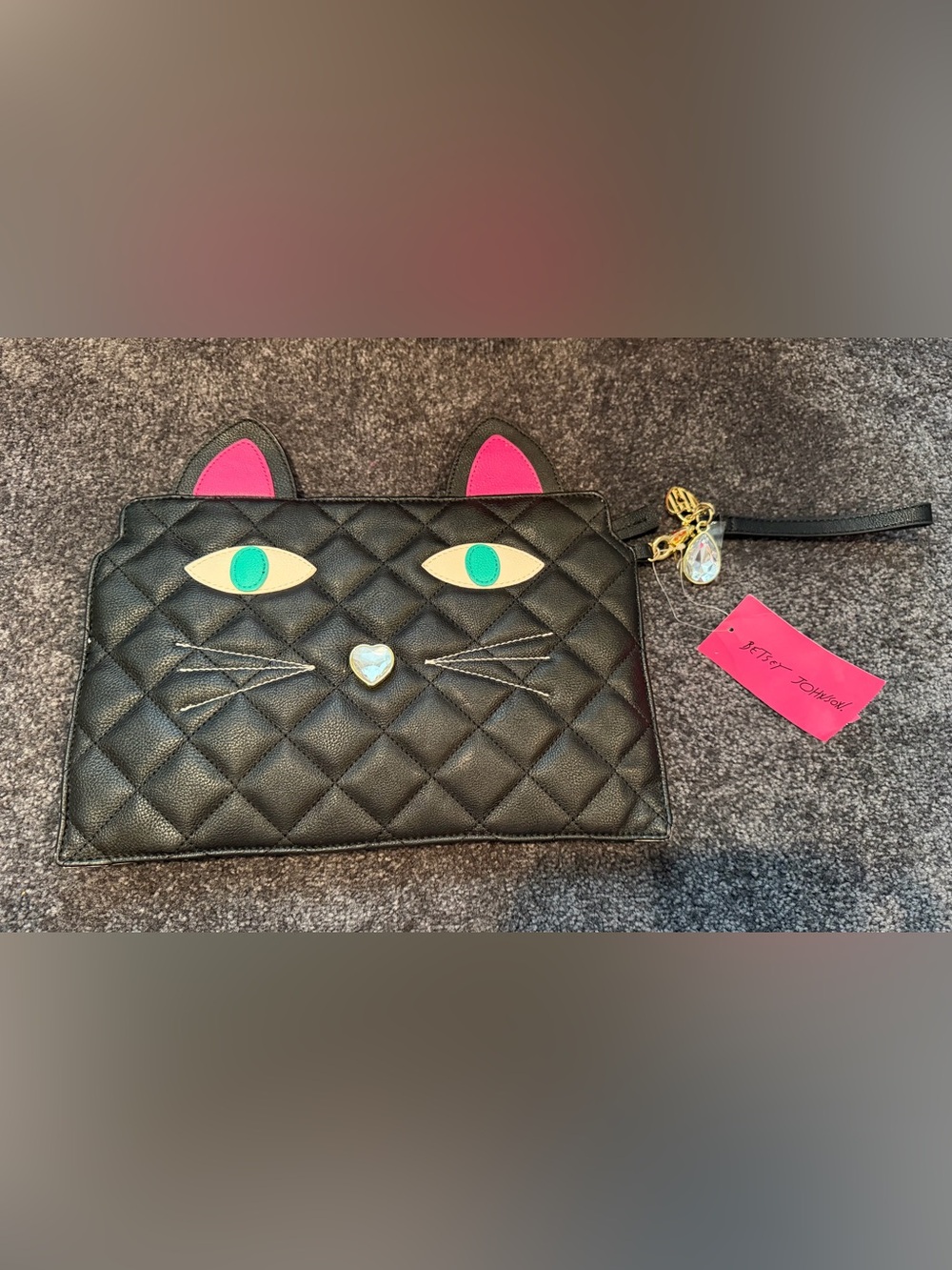 NWT Betsey Johnson Quilted Black Cat Large Wristlet Pouch Here Kitty-Kitty